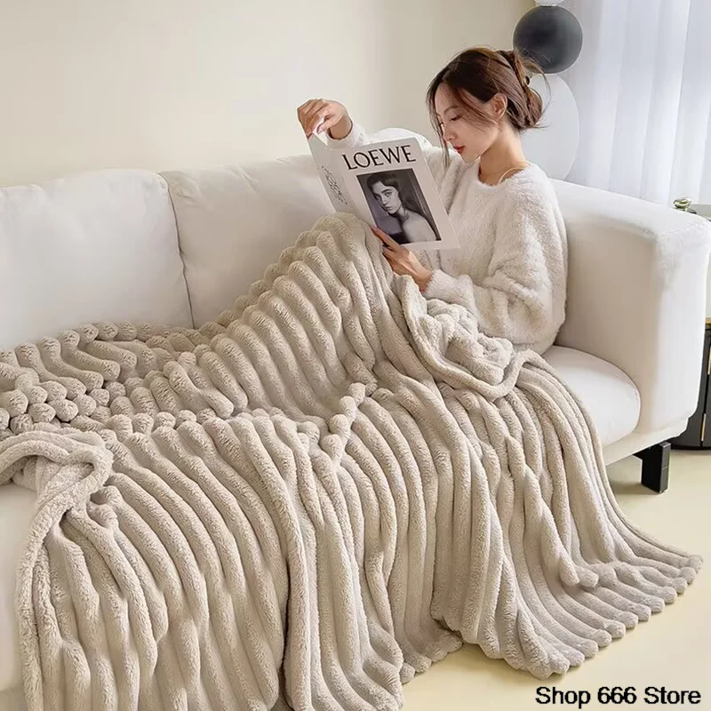 High-grade Faux Rabbit Fur Blanket Autumn Winter Soft Thick Warm Sofa Blanket Bedroom Bedding Nap Blanket Home Decor