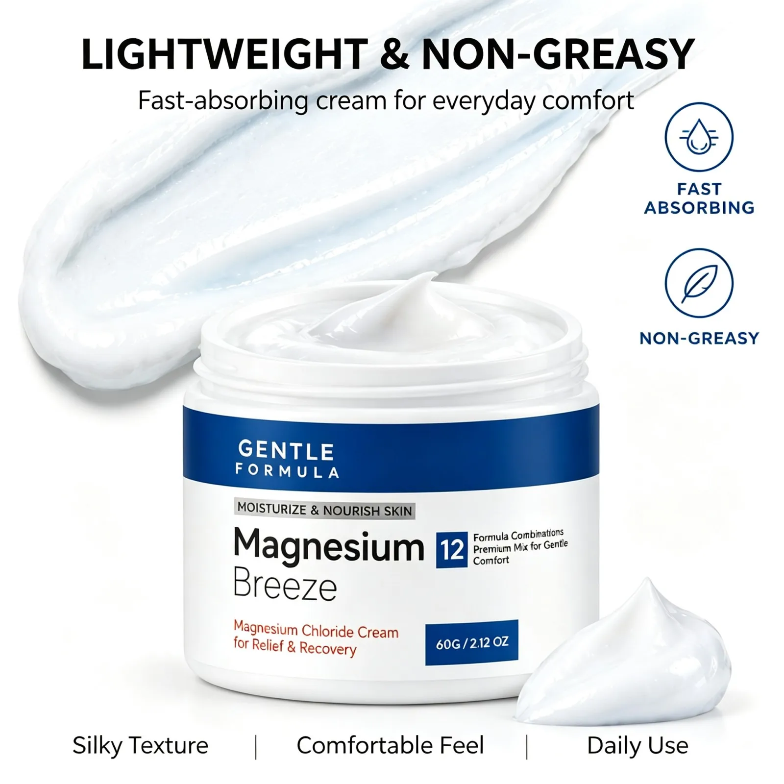 Magnesium Body Cream 60g Post Workout Massage Bedtime Relaxation Soothing Moisturizing for Joint Knee Comfort Gentle Skin Care