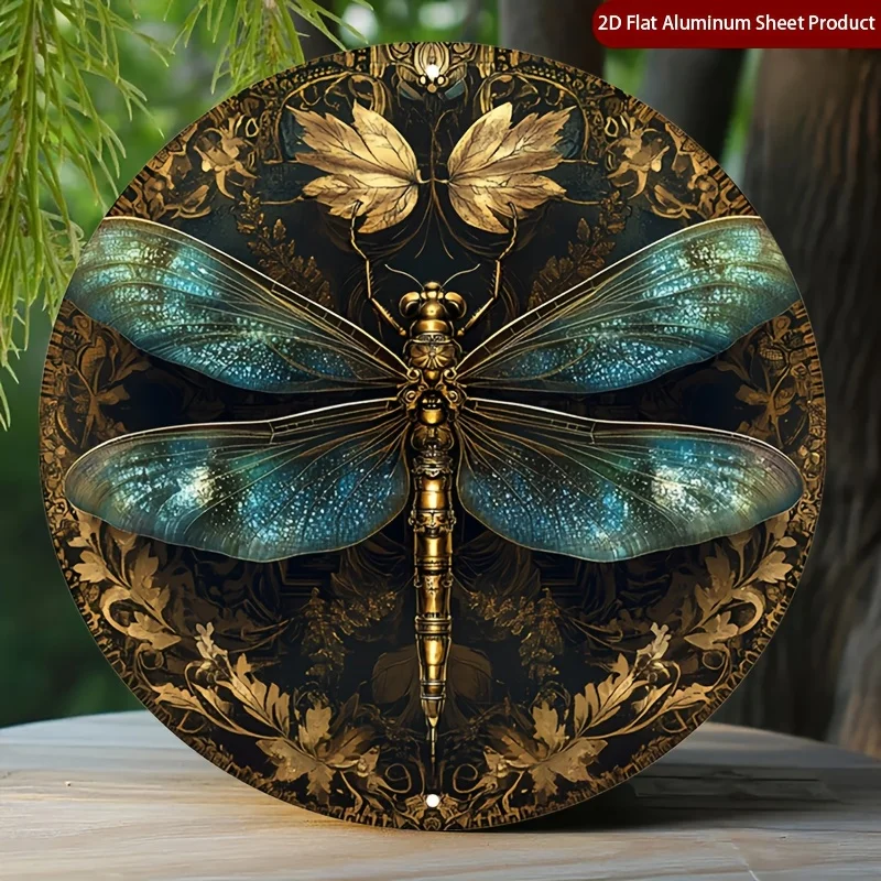 2D Flat, 2D Flat, A Vintage-Style Round Wall Poster Showcasing a Golden Dragonfly with Detailed Wing Designs, Perfect for Enhanc