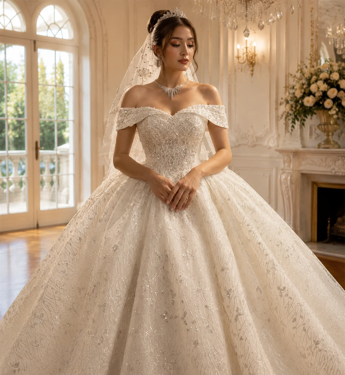 Customized Luxury Ball Gown Wedding Dresses Off The Shoulder Straps Lace Wedding Dress With Small Train AmandaNovias Official image 3