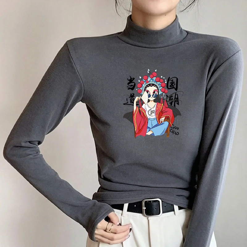 Winter Women's Thermal Brushed Fleece Half Mock Neck Long Sleeve T Shirt Chinese Opera Figure Guochao Graphic Warm Tee