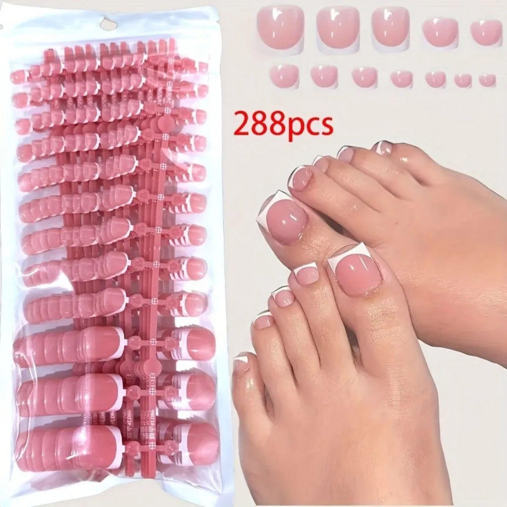 288pcs Ankle Nails Are Gentle And High-End with White French Stripes Short Square Fake Nails Sweet Press-On Are Suitable for All