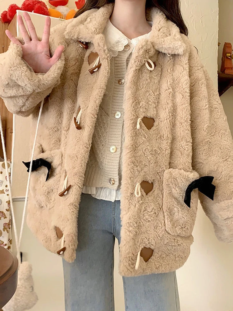 Kawaii Plush Coat Women Korean Fashion Preppy Style Warm Jacket Female Winter Sweet Casual Bow Horn Button Outerwear Ladies