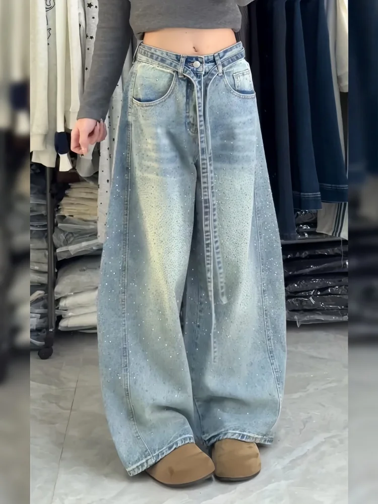 

Женские джинсы с широкими штанинами и высокой талией в стиле ретро, с декоративными вставками, свободного кроя, повседневные, комфортные, длиной в пол