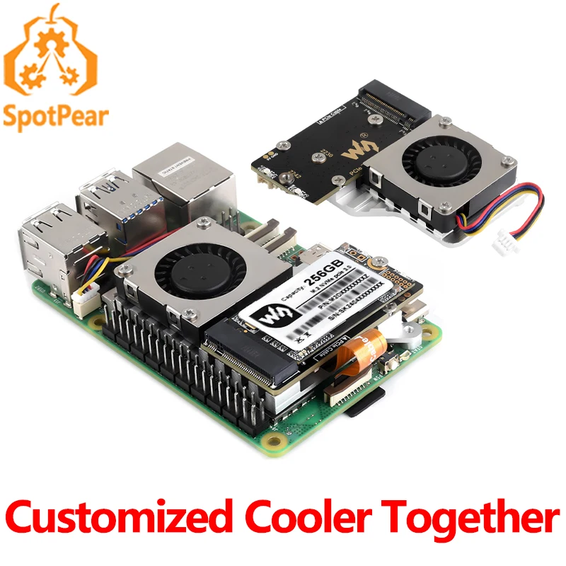 Raspberry Pi 5 PCIe to M.2 Mini NVMe SSD Board (E) With Customized Active Cooler Together Waveshare PCIe To M.2 Adapter Board (E