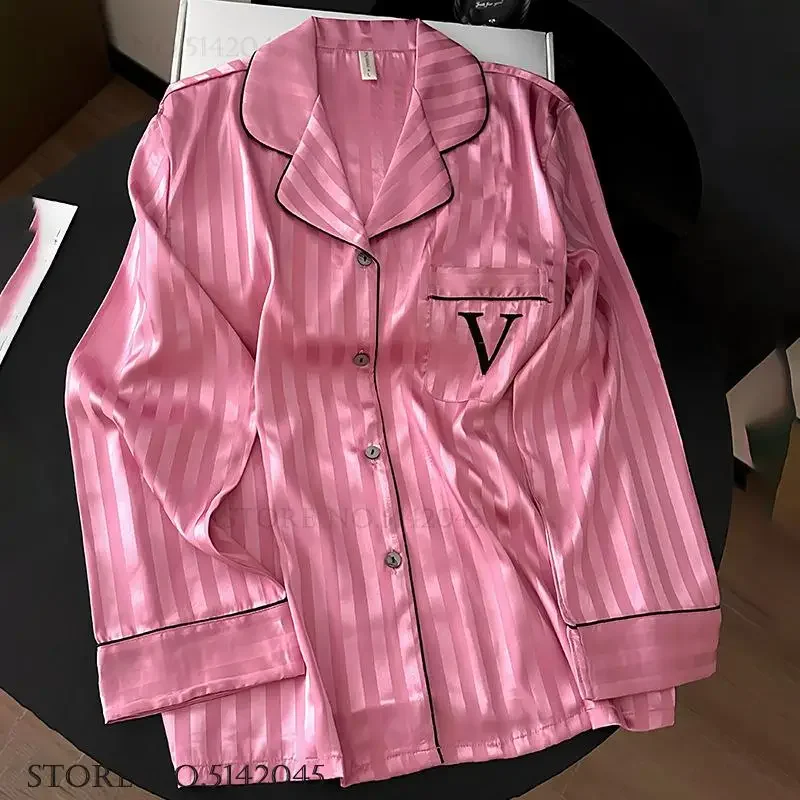 

Новые женские пижамы, комплект из 2 предметов, одежда для дома, весенняя брючная пижама с длинными рукавами, ярко-розовая полосатая одежда для сна, пижама, свободная домашняя одежда