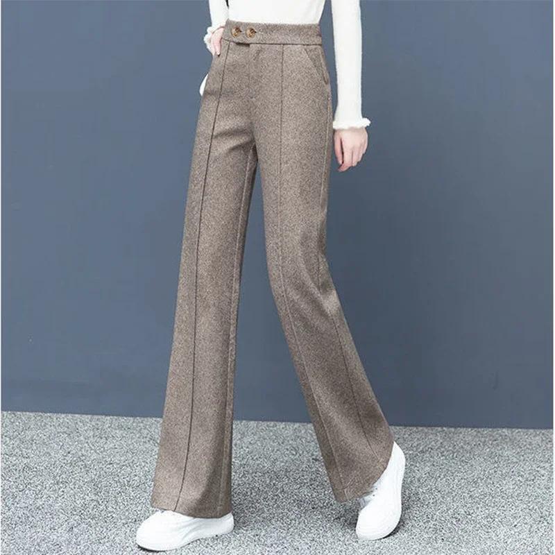 Women Plus Velvet Woolen Flare Pants Elegant Thicken Woolblend Straight Pantalones Fashion Oversize High Waist Warm Spodnie Z284