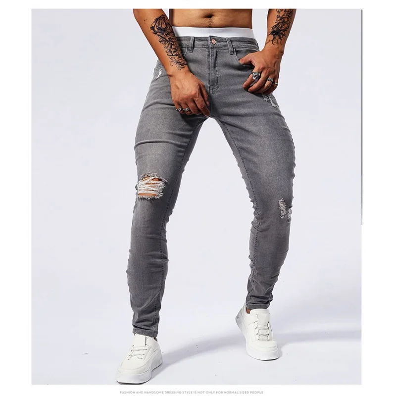 Fashionable American style distressed jeans for men's 2024new summer thin stretch slim fit small foot tight classic street pants