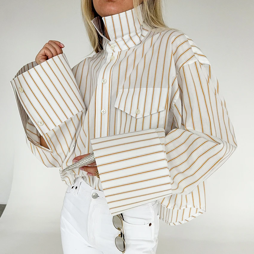 

Linad Elegant Woven Stripe Shirts With Pocket Office Stand Collar Woman Blouse Vintage Single-Breasted Shirt Female 2025 Autumn