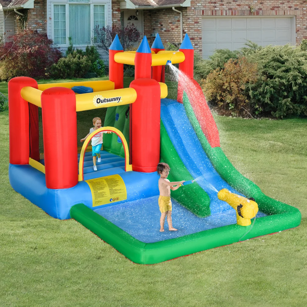 

6-in-1 Kids Inflatable Water Slide Pool Water Cannon Climbing Wall Bounce House Jumping Castle with Inflator for Outdoor