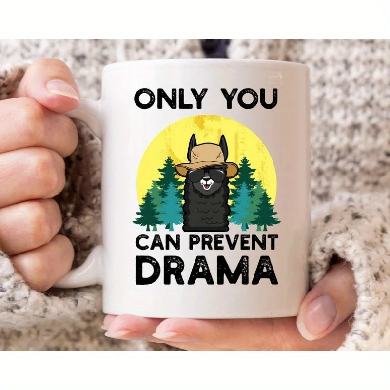 

Only You Can Prevent Drama Mug - Funny Llama Hat & Pine Trees Design, Microwave-Safe Coffee Cup, Hand Wash Only, Humorous Gift