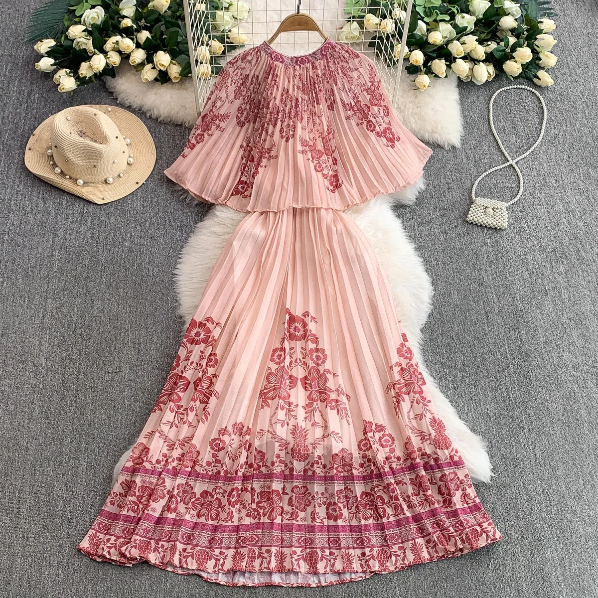 2025 วันหยุด Retro พิมพ์รอบคอชุดผู้หญิงฤดูร้อน Smock สไตล์เอวกระชับสัดส่วนชุดยาว Bohemian Beach Dress