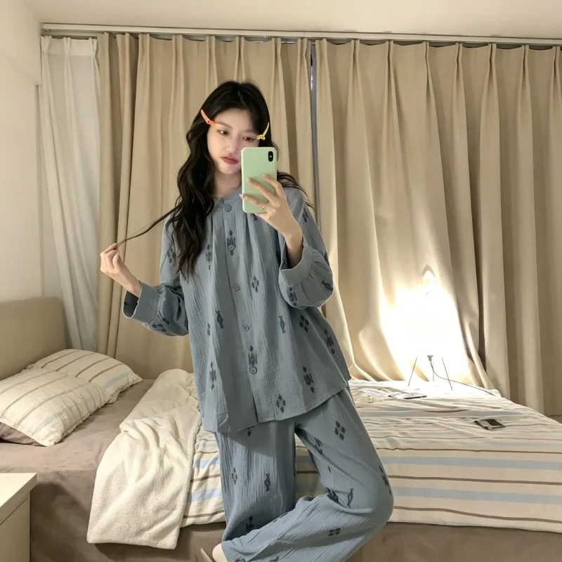 Women Autumn Pajama Set Simple Diamond Print Button Up Casual Home Loungewear Soft Breathable Sleep Outfit For Indoor Daily Wear
