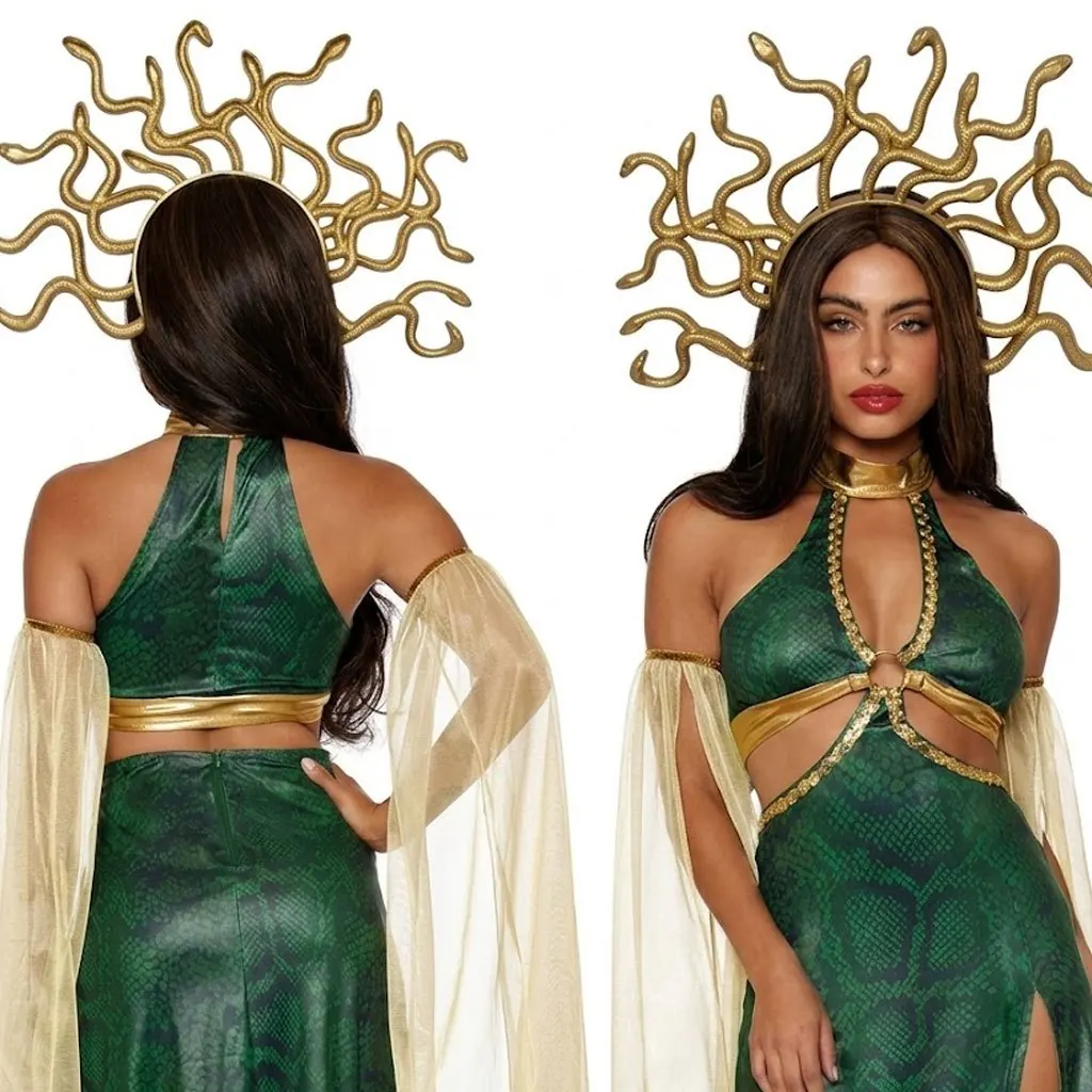 Costume Props Greek Mythology Green Snake Woman Dress With Headpiece Halloween Cosplay Outfit Full Set For Women Party Role Play