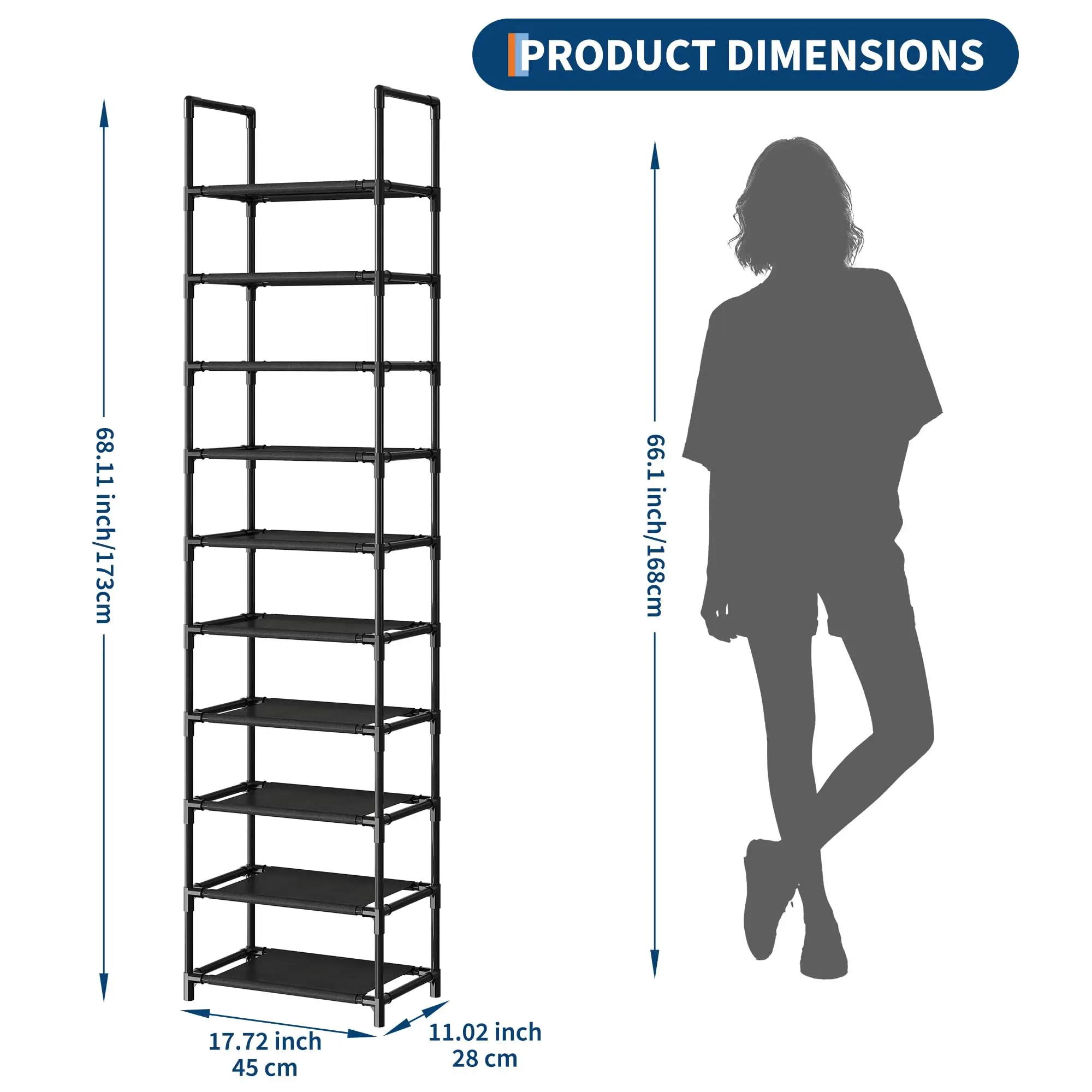 10-Tier Tall Narrow Shoe Rack, Freestanding Shoe Storage Organizer with Metal Frame & Fabric Shelves, Space Saving Vertical Shoe Shelf for Entryway, Closet