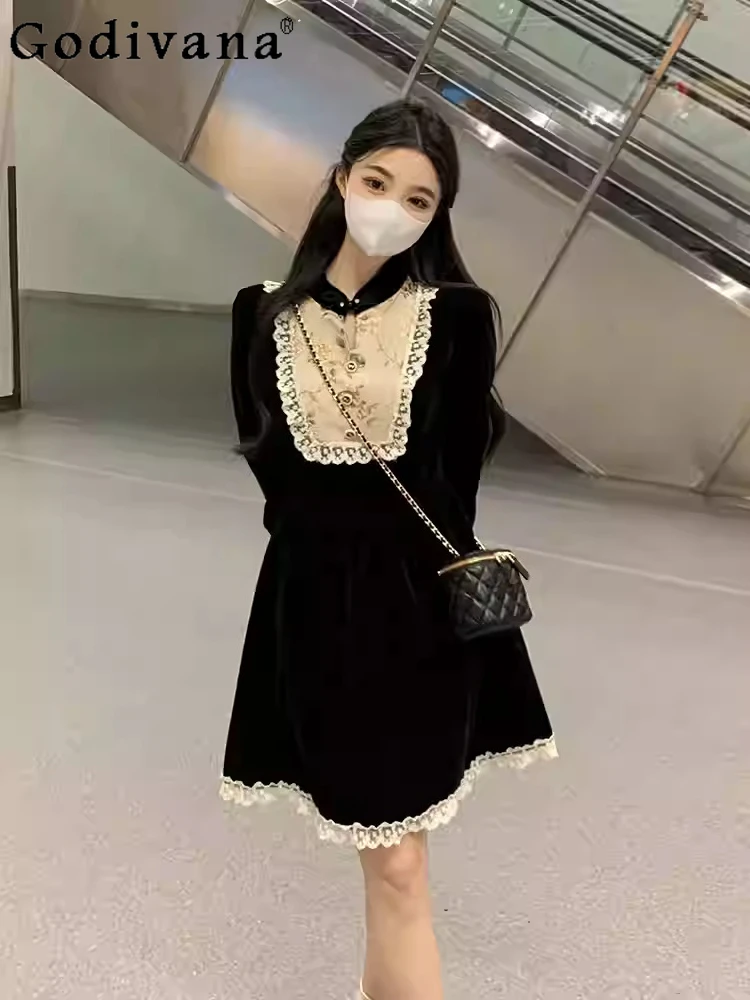 

Large Size 2026 Spring Women Elegant French Retro Ruffles Dress Elegant New Chinese Black Stand-up Neck Long Sleeve Dresses