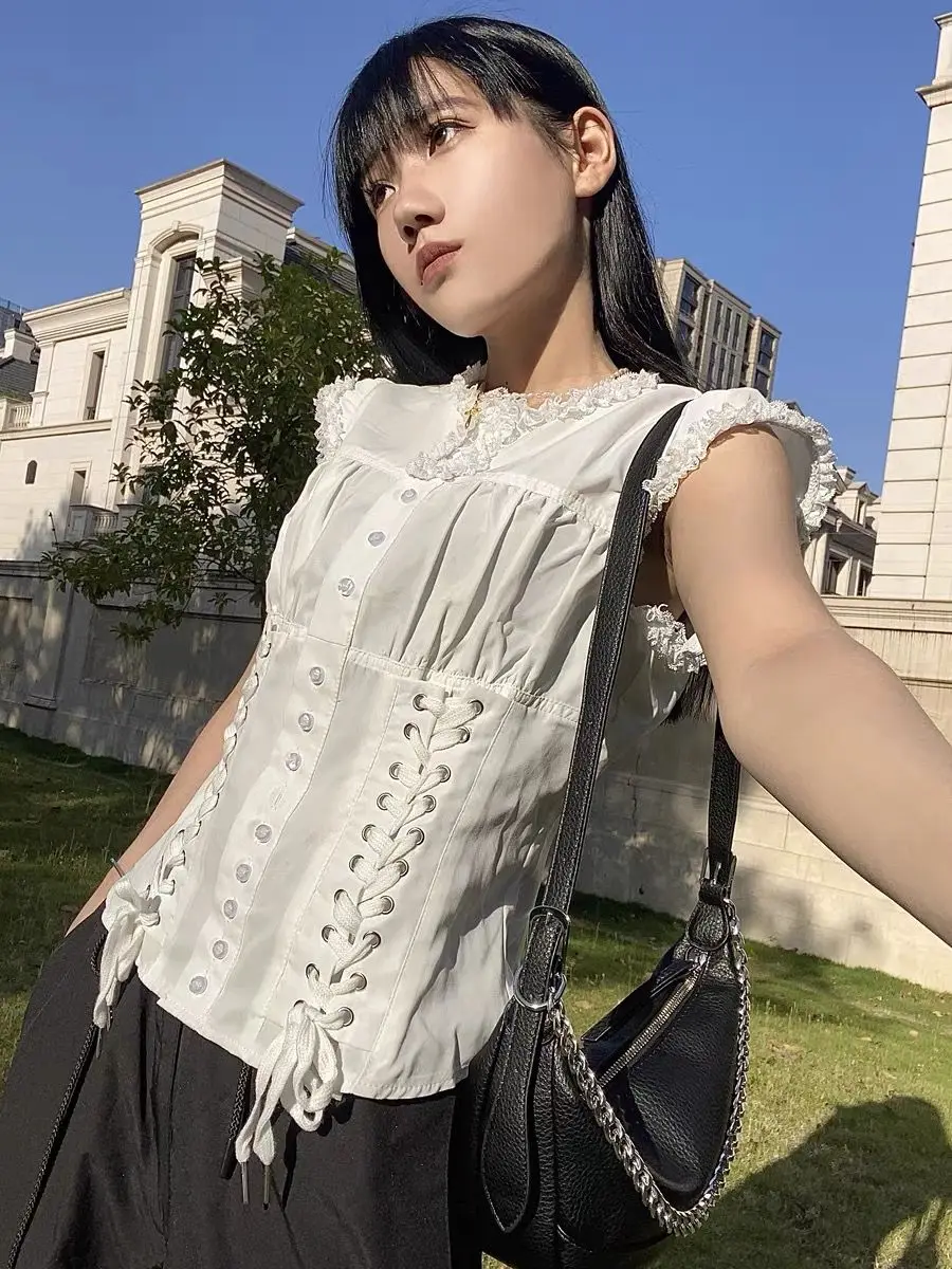 

Women's Sweet Vest Top Retro Lace Waist Strap Flying Sleeve Buckle Desire Style Shirt Рубашка Camisa Feminina Shirts & Blouses