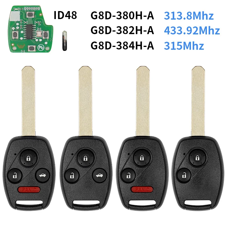 Coque de clé télécommande G8D 380H/382H/384H ID48 313.8/315/433MHz à 2, 3 ou 4 boutons pour Honda Fit Odyssey CRV HRV Freed Prelude Vezel Insight
