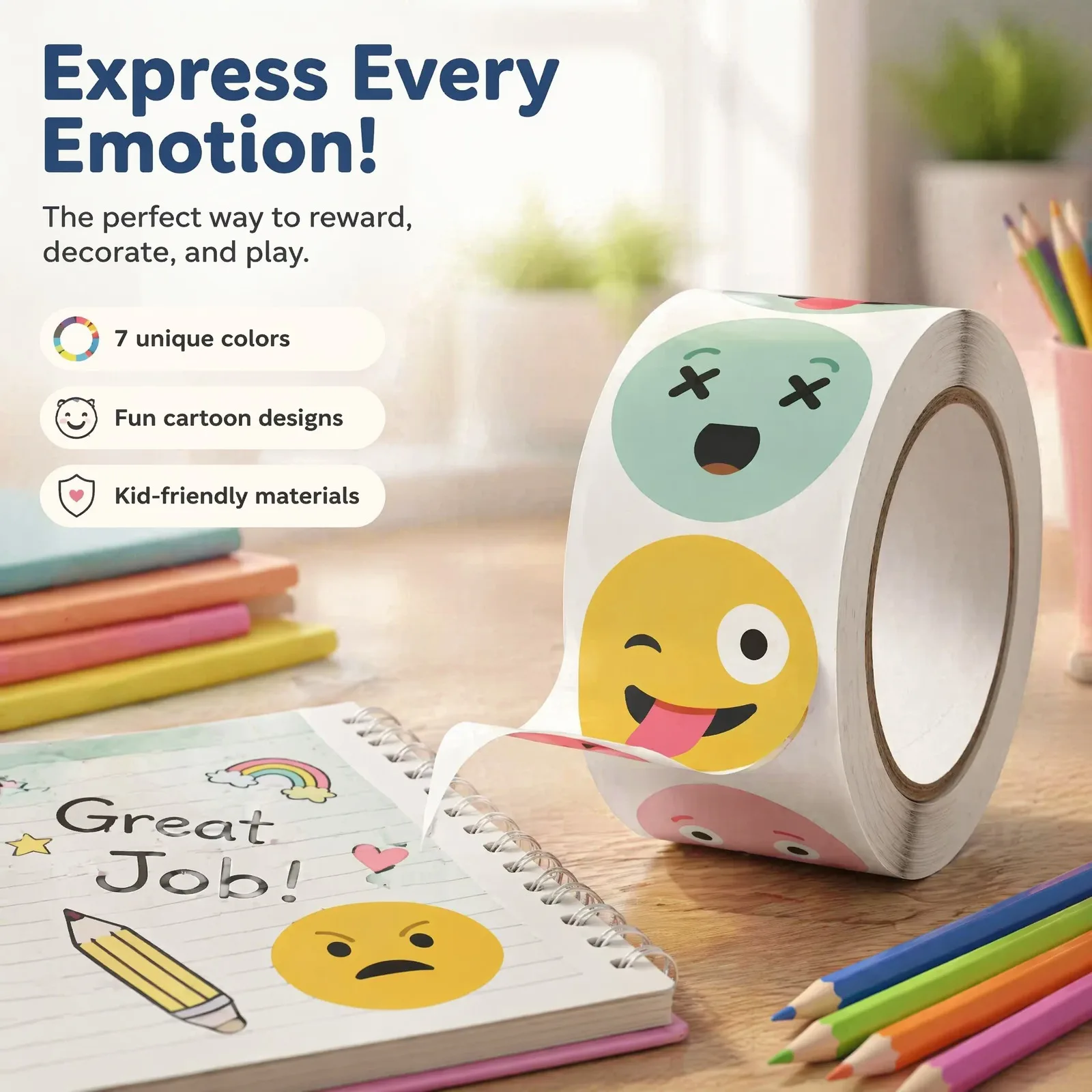 500 autocollants/rouleau, autocollants colorés pour expression d'émotions, autocollants de récompense, autocollants adhésifs pour emballage cadeau, autocollants d'étanchéité, étiquettes autocollantes