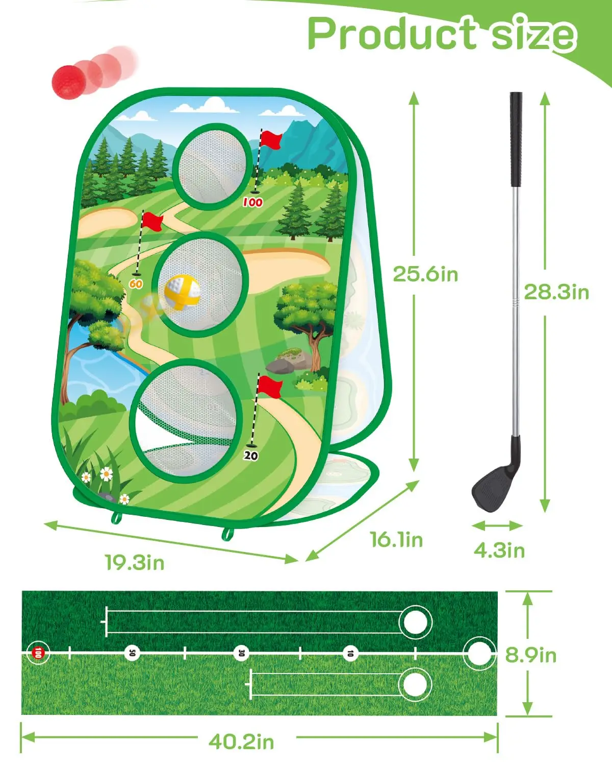 4 In 1 Kids Golf Games Set Golf Putting Practice Mat 3-Sided Golf Chipping Net with Club Kid Adults Multiple Modes Golf Practice