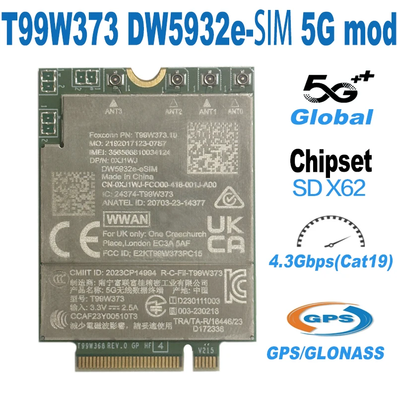 Modulo 5G T99W373 DW5932e Modulo eSIM LTE Cat19 M.2 Scheda WWAN per Dell Latitude 7350 7450 7650 9450 Finestra Notebook e Tablet