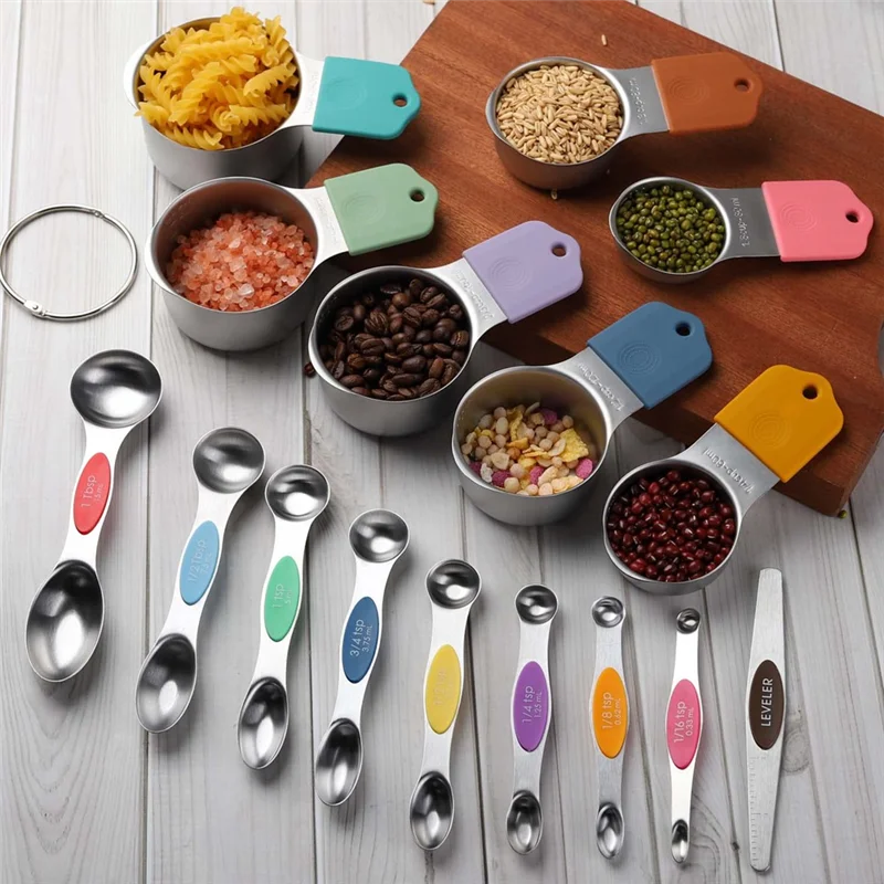 

KB-16Pc Magnetic Stainless Steel Measuring Cups & Spoons Set, 7 Heavy Duty Cups,8 Double Sided Spoons With Leveler