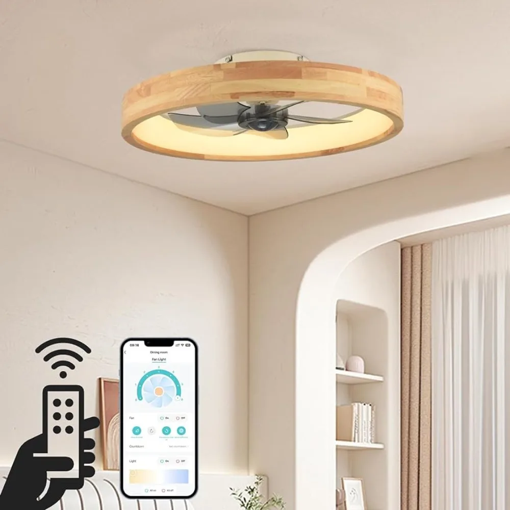 

0 inch ceiling fan with lights,dimmable LED timing, remote control, 5 invisible reversible blades, semi embedded low profile fan