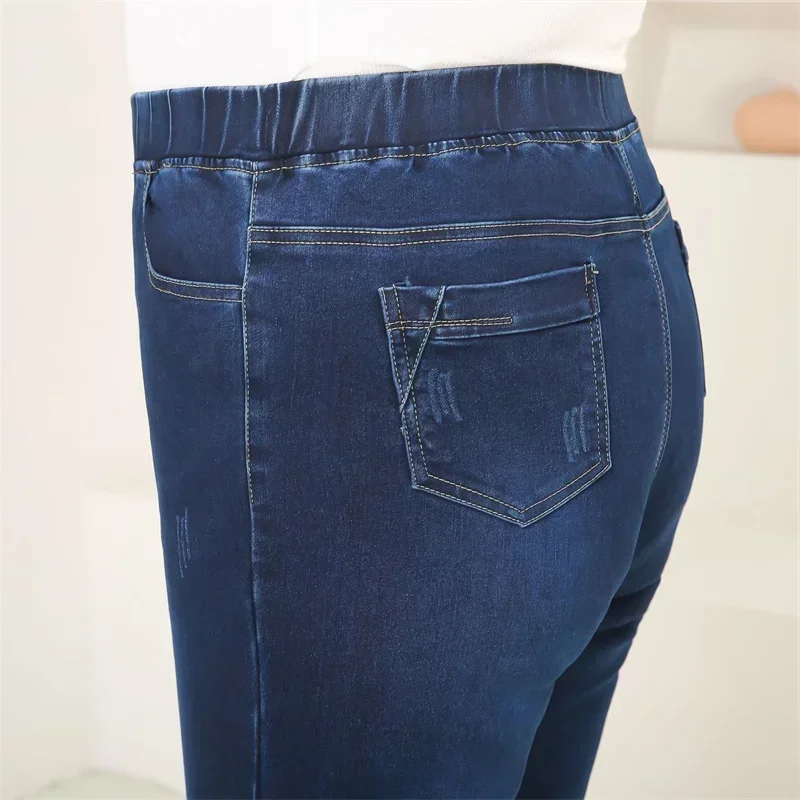 Pensil Jeans wanita elastis pinggang tinggi hitam ukuran besar 8XL 9XL musim semi musim gugur celana Denim 7XL wanita biru tua celana besar