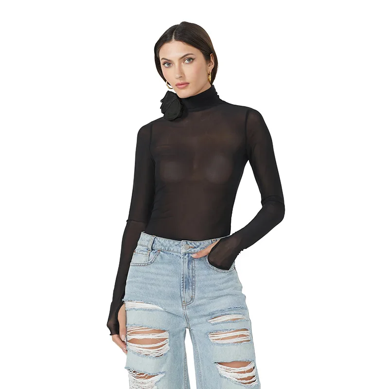 

Wish Лидер продаж, европейская и американская женская одежда, сексуальная водолазка с длинными рукавами, сетчатый слегка прозрачный цветок