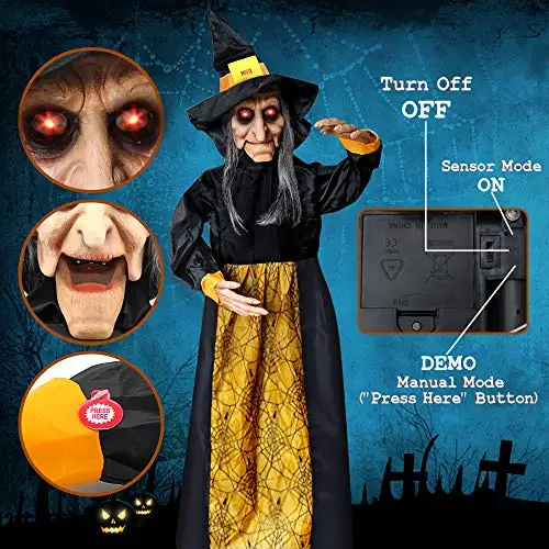 Halloween talking lighted and moving Mega Boy black witch 135 cm with sound sensor