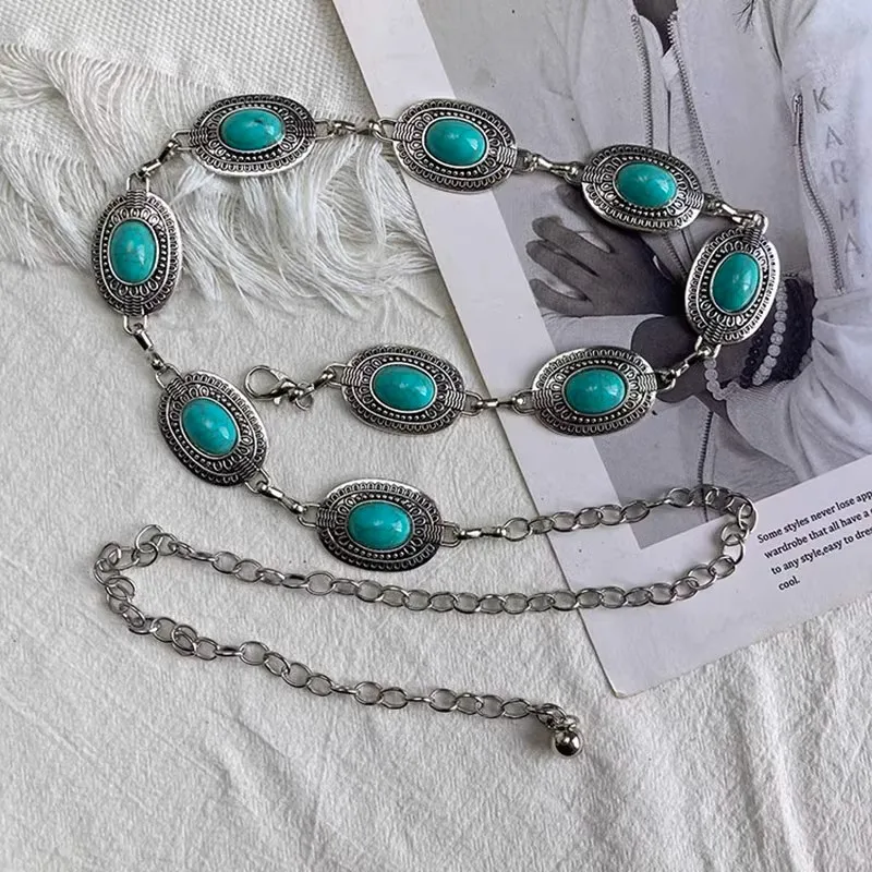 1pcs ladies' waist chain 2025 new American vintage turquoise belt, small group accessory with a sense of fashion design, suitabl