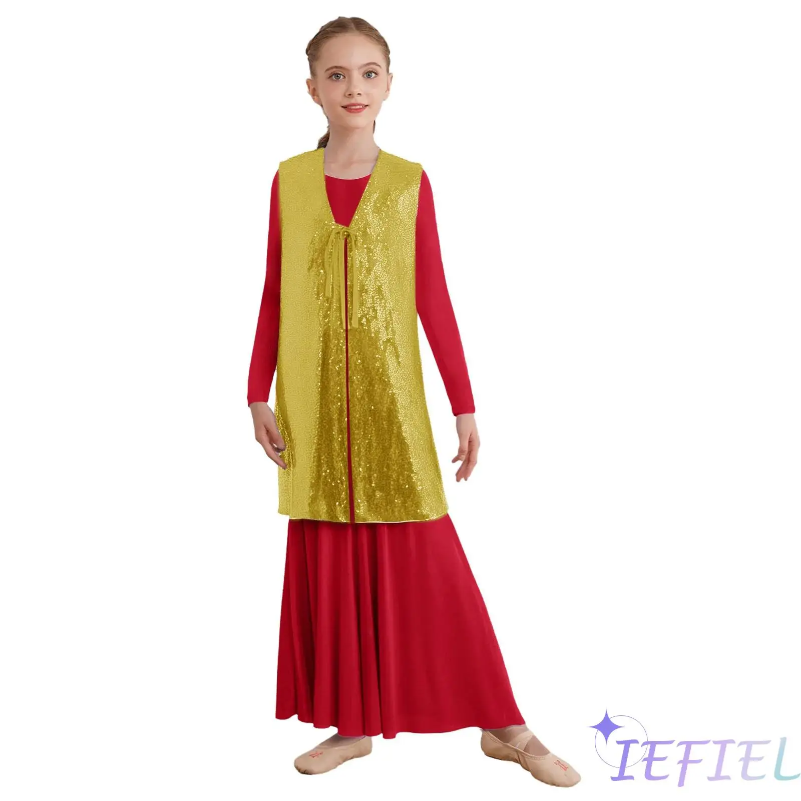 

Girls Lyrical Praise Dance Outfit Open Front Self-Tie Sleeveless Split Tunic+Long Sleeve Maxi Dress Robe Contemporary Dancewear