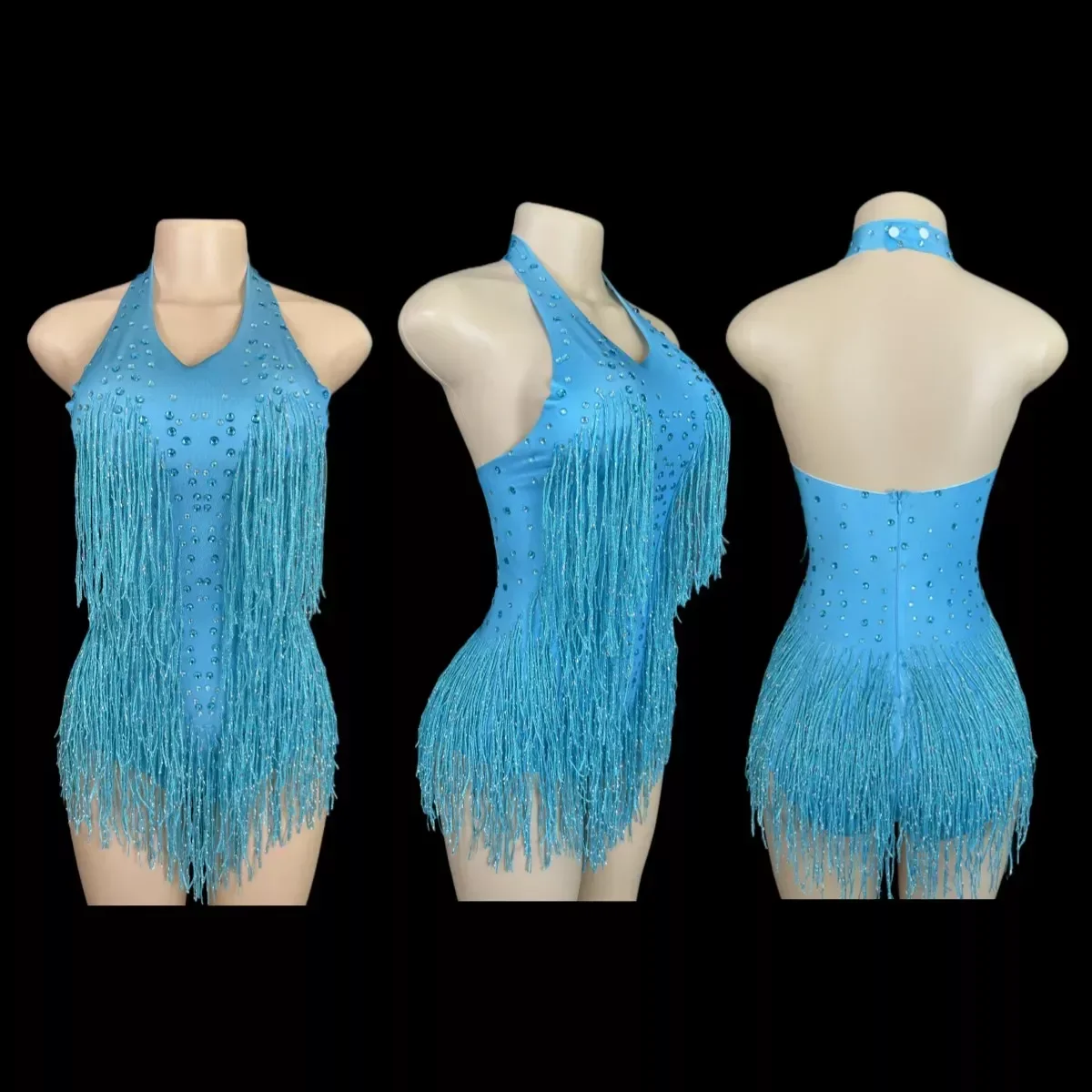 Sparkly Rhinestones Fringe Bodysuit WomenVightclub Party Dance Costume Stage Wear SexyTassel Leotard Performance Cloth