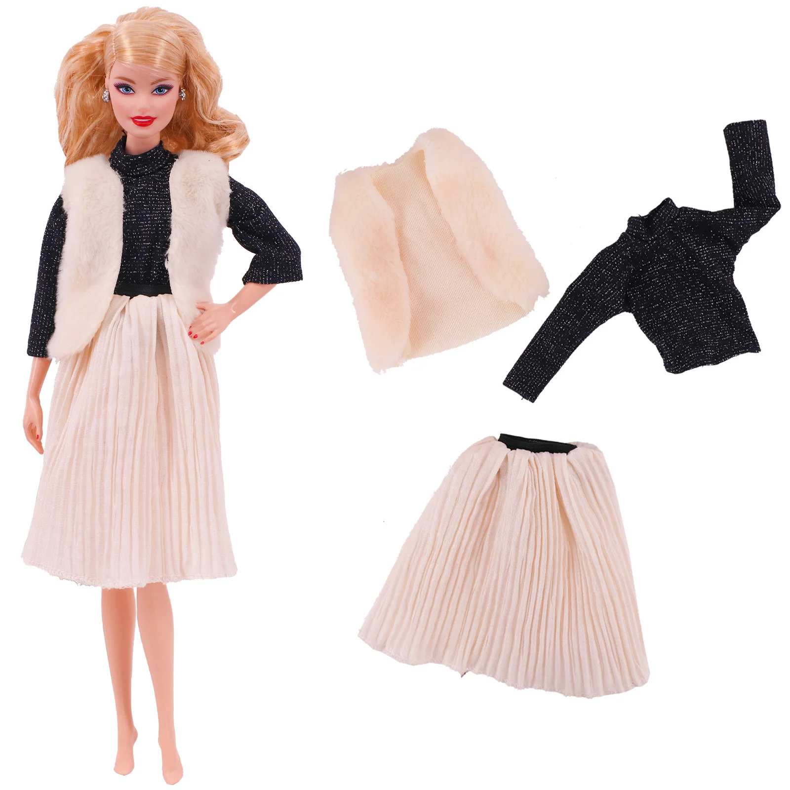 Barbies Doll Clothes Plush Jacket + Fashionable Suit Skirt +Beret Hat Suitable For 11.8inch  Doll Casual Clothing Free Shoe Gift