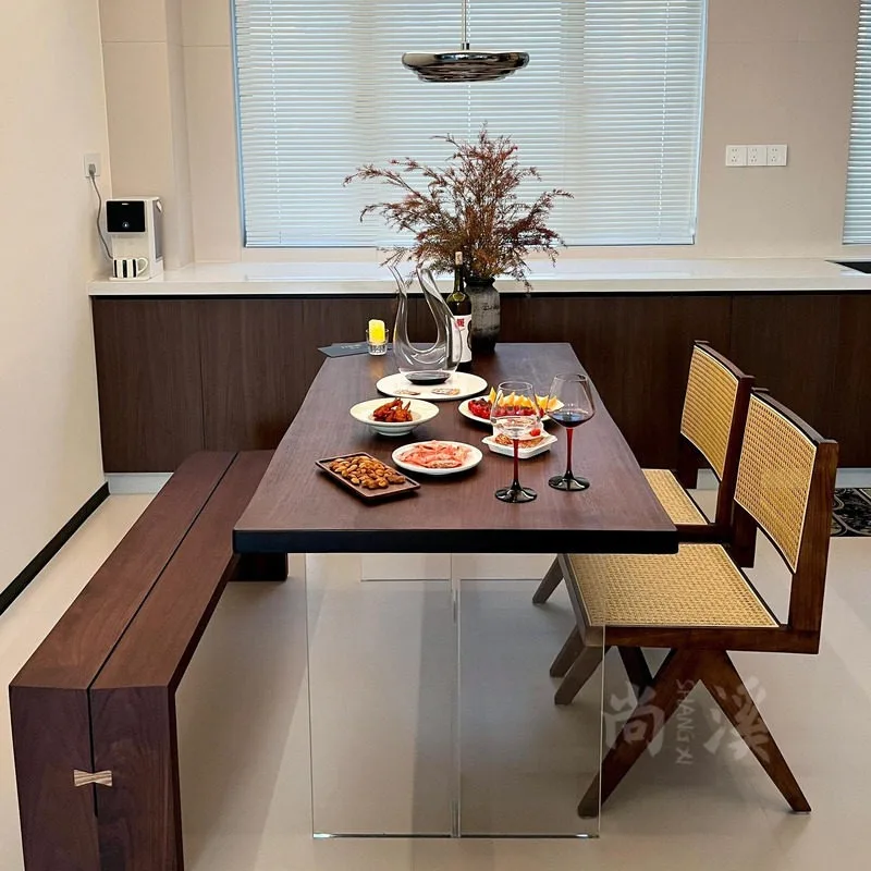 Solid wood dining table acrylic suspension custom log rectangular living room home walnut large dining table and chair combinati