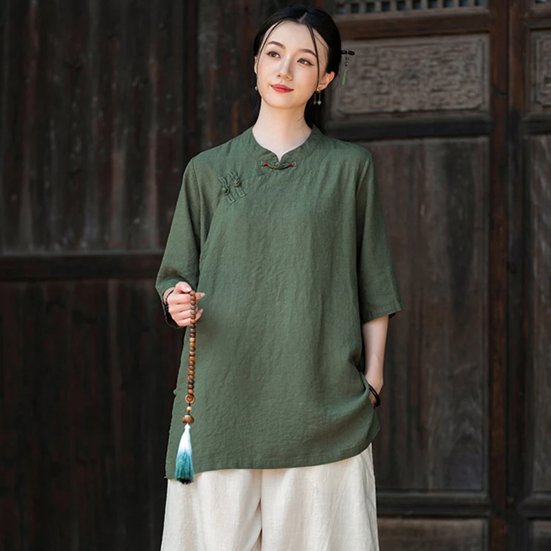 Chinesischen Stil Frauen Casual Shirt Neue Ankunft 2025, Sommer Vintage Stehkragen Lose Weibliche Halbe Hülse Tops Shirts M1846