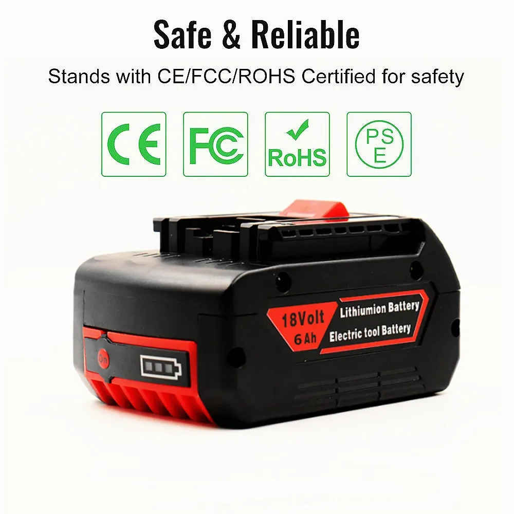 Latest Upgraded 18650 Rechargeable Battey 18V 6.0Ah Lithium ion Battery Replacement for Bosch 18v Battery BAT609 BAT609G BAT618