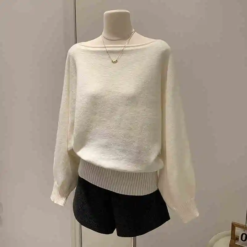 

Knitted Sweater Women Pullovers New Long Sleeve Slash Neck Black Knit Sweater Pullover Women Tops Sweaters Sueter Feminino Q1011