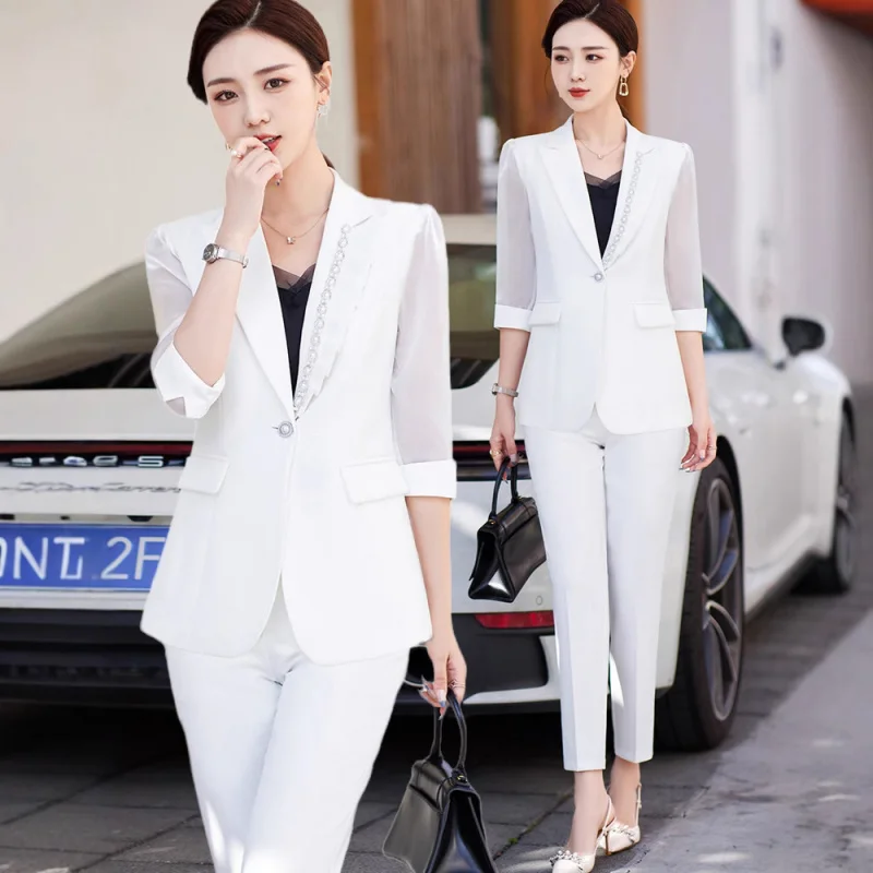 Women's professional suit for spring and summer, fashionable mid-sleeve, high-end elegant Korean-style workwear for beauticians,