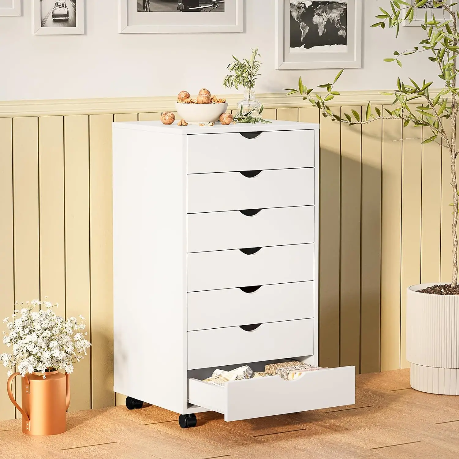 7 Drawer Rolling Storage Cabinet, Wood Under Desk Mobile Dresser with Wheels, Small Organizer Chest for Home Office, Bedroom, Living Room, Compact Vertical Storage Furniture Unit, White view 2
