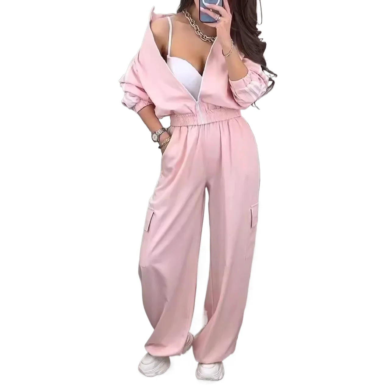 

Fashion Casual Suit For Women Zipper Long Sleeved Striped Patchwork Tops Pocket Elastic Waist Overalls 2 Piece Set Autumn New