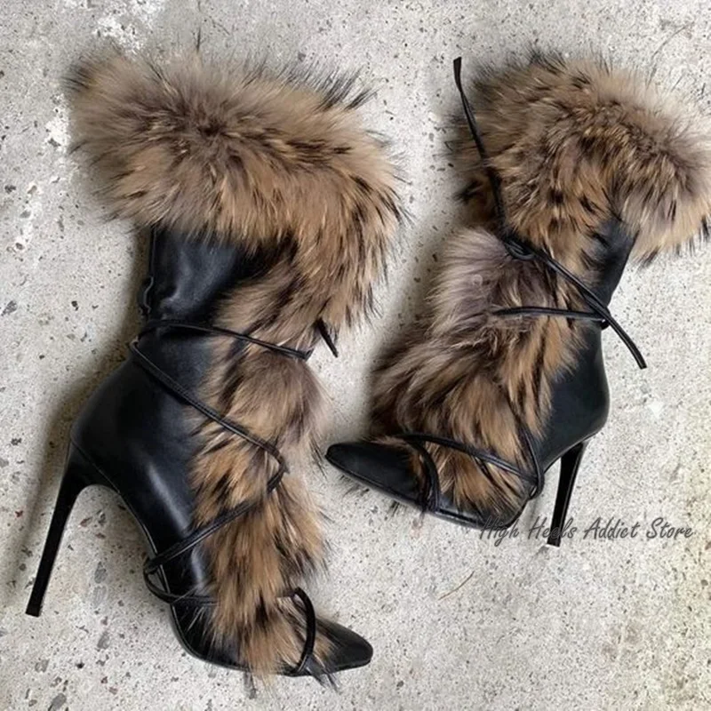 Fur Pointed Toe Black Leather Mid Calf Boots Women Sexy Thin High Heels Short Boot Big Size Lady Winter New Designer Shoes