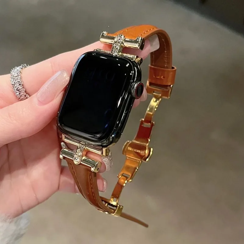 حزام جلدي بإبزيم على شكل فراشة متوافق مع حزام iWatch 38 مم 40 مم 41 مم 42 مم 44 مم 45 مم 49 مم حزام عصري