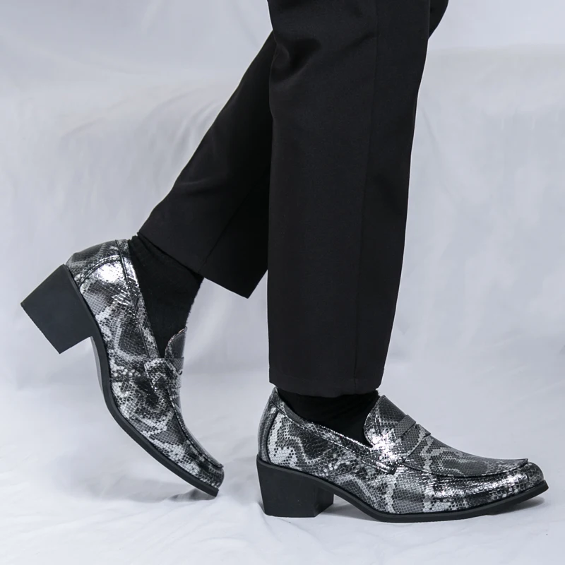 Classic Men's Dress Shoes Snake Pattern High Heeled Casual Party Business Leather Shoes Wedding Formal Social Shoes Man Laofers