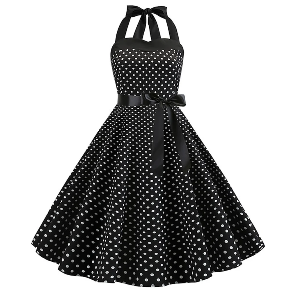 Women\'s Rockabilly Dress Polka Dots Swing Flare Dress with Accessories Set Earrings Necklace Headband Glasses Dress