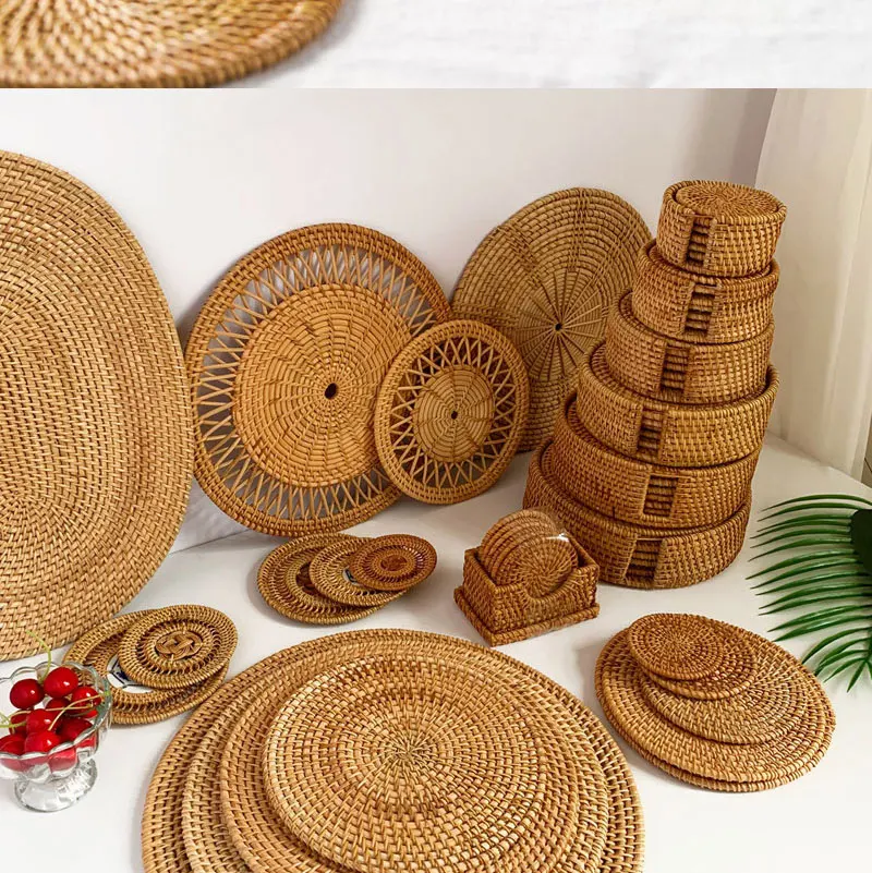 Herbstliches handgewebtes Rattan-Untersetzer-Set: Kreative runde Tassen- und Schalenunterlagen für Esszimmer und Tee – Isoliermatten aus Rattan – Detail 2