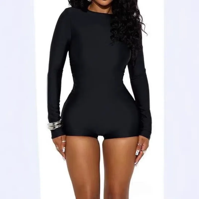 Women's Black Long Sleeve Bodysuit Round Neck Bodycon Romper Stretchy Slim Fit Jumpsuit Casual Club Party Y2K Fashion Outfit