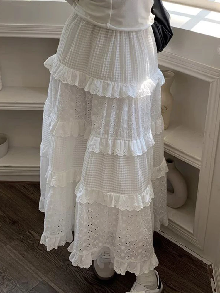 Jmprs Elegant Korean White Long Skirt Women Sweet Design Casual Skirts Fashion Preppy Style High Waist Female A Line Cake Skirt