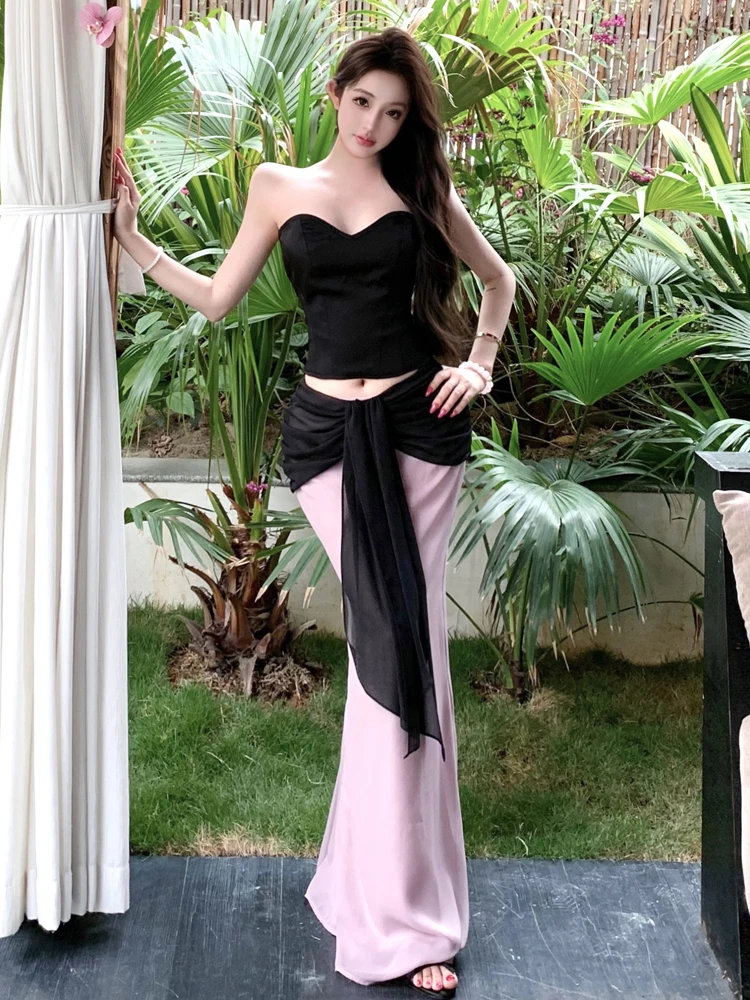 

Elegant Pure Desire Design Strapless Vest Color Block Waist Tie Fish Tail Skirt Two Piece Set Sexy Style for Young Women