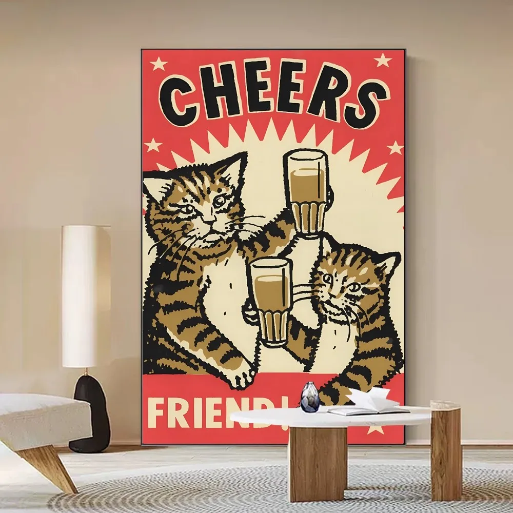 Everybody Cheers Drunk Dinner Pet Cat Classic Anime Poster Self-adhesive Art Poster Retro Paper Sticker DIY Room Decorative